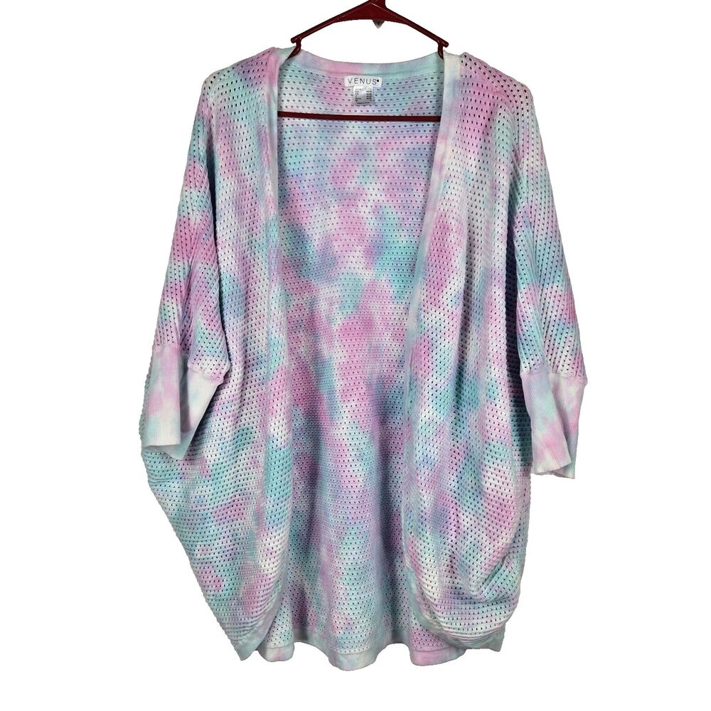 Venus Women's Size Large Pink Blue Tie Dye‎ Cocoon Open Front Sweater
